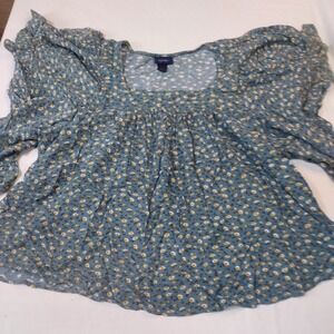 Daytrip Womens Floral Flutter Sleeve Blouse Blue Green Square Neck Boho Top M